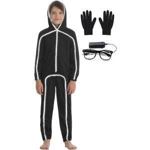 Stick Figure Costume Kids Stickman Jumpsuit with Light up Glasses Halloween Glow in the Dark Outfits for Boys Girls (X-Large/Height:52"-55", White)