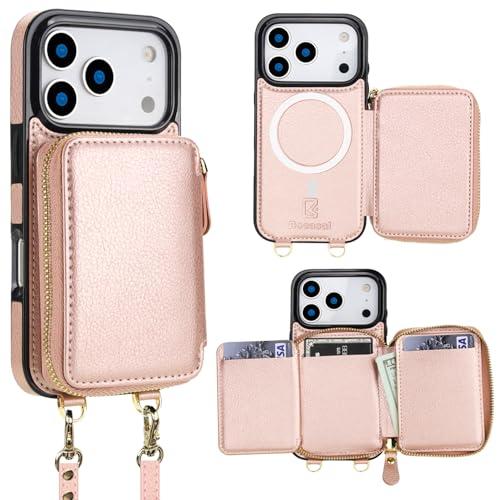 Bocasal for MagSafe Crossbody Wallet Case Compatible with iPhone 17 Pro, RFID Blocking Protective Purse Case with Card Slots Holder Kickstand Wrist Strap Lanyard Zipper 6.3 Inch 5G (Rose Gold)