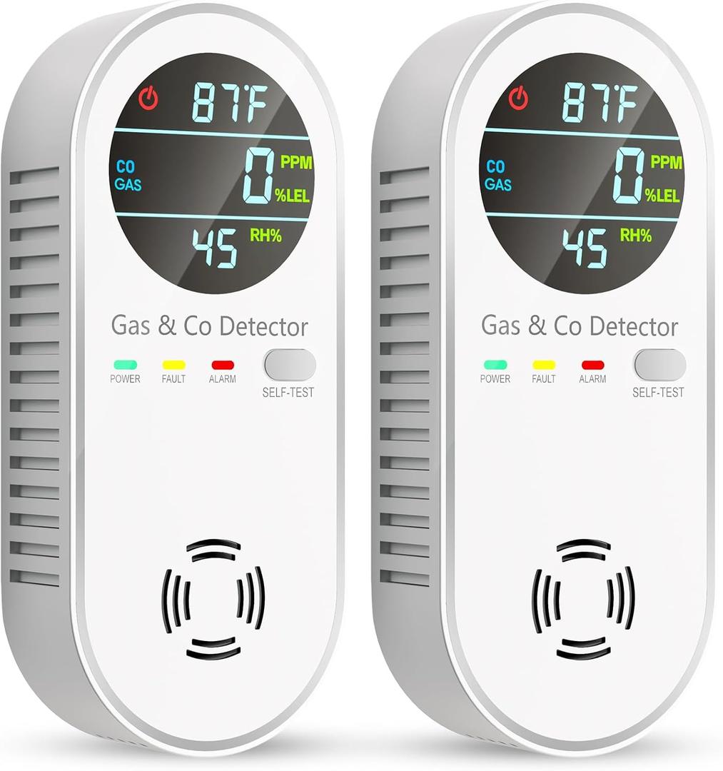 Carbon Monoxide Detectors and Natural Gas Detector, 4-in-1 Carbon Monoxide Detectors Plug in, Gas Leak Detector with Dual Alarms, Temperature & Humidity Sensor for Home, RV, White, 2 Pack