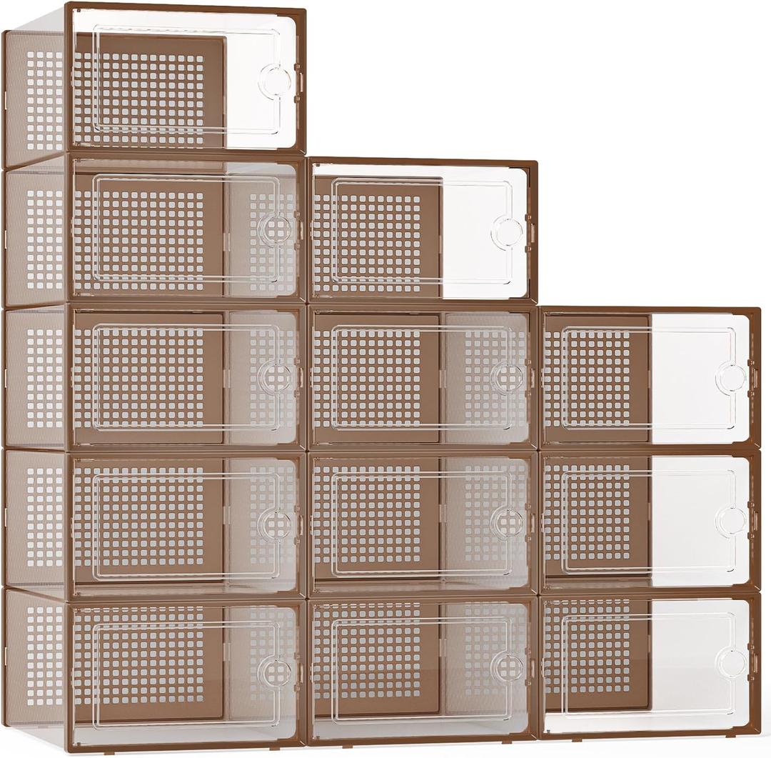 Kuject X-Large Shoe Storage Boxes Organizers for Closet 12 Pack, Fit Size 11,Clear Plastic Stackable Sneaker Containers for Entryway, Space Saving Shoe Rack, Brown