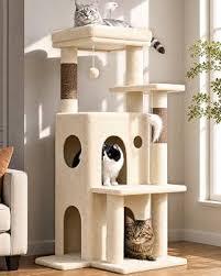 Globlazer Cat Tree Tower for Indoor Cats, 50-inch Adult Cat Tree House for Large Adult Cats with Steps, Scratching Post, 2 Cat Caves, Dangling Toys, FC50, White