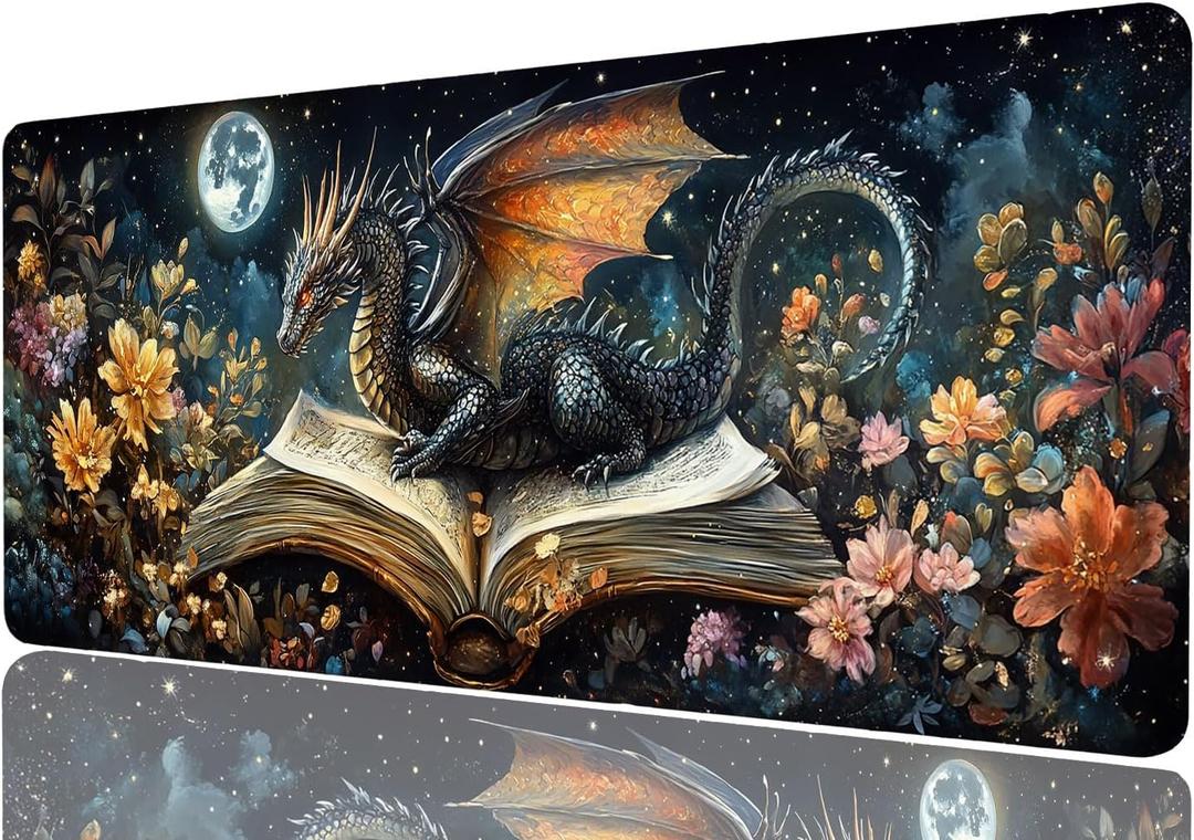 Dragon Desk Mat Gaming Desk Pad Large Mouse Keyboard Pad Book Stars Moonlight Flower Magic Desktop Mats Computer Keyboard Pad Mouse Mat Laptop Mat Office Home Decor 31.5" x 11.8"