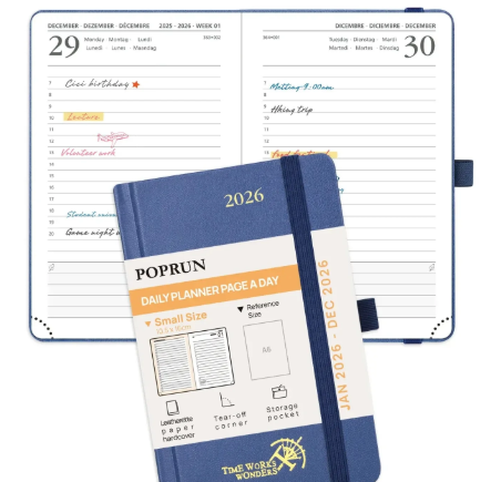 POPRUN 2026-2027 Pocket Planner (Size 4''x 6.25'') Weekly and Monthly Academic Calendar (JUL.26 - JUN.27) with Note Page and Monthly Tabs, Inner Pocket, Leather Soft Cover, 100 GSM 