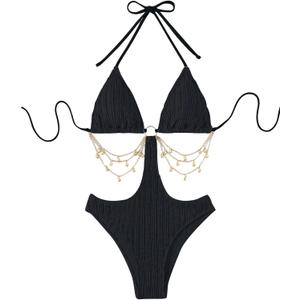 WDIRARA Women's Chain Linked Cut Out Halter One Piece Swimsuit (Black, L)