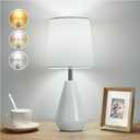 Small Bedside Table Lamp for Bedroom - Reading Desk Lamp with 3 Color Temperatures15.5" Nightstand Ceramic Lamp with Fabric Shade for Kids Room,Living Room,Dorm,Home Office (White)