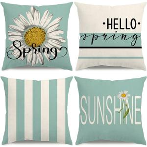 Spring Pillow Covers 18x18 Floral Daisy Hello Spring Decorations Teal Striped Throw Pillow Covers Sunshine Farmhouse Cushion Case for Sofa Couch Set of 4