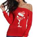 Women's Sexy Off Shoulder Christmas Print T-Shirt Long Sleeve Holiday Merry Xmas Tunic Tops (Red, XXL)