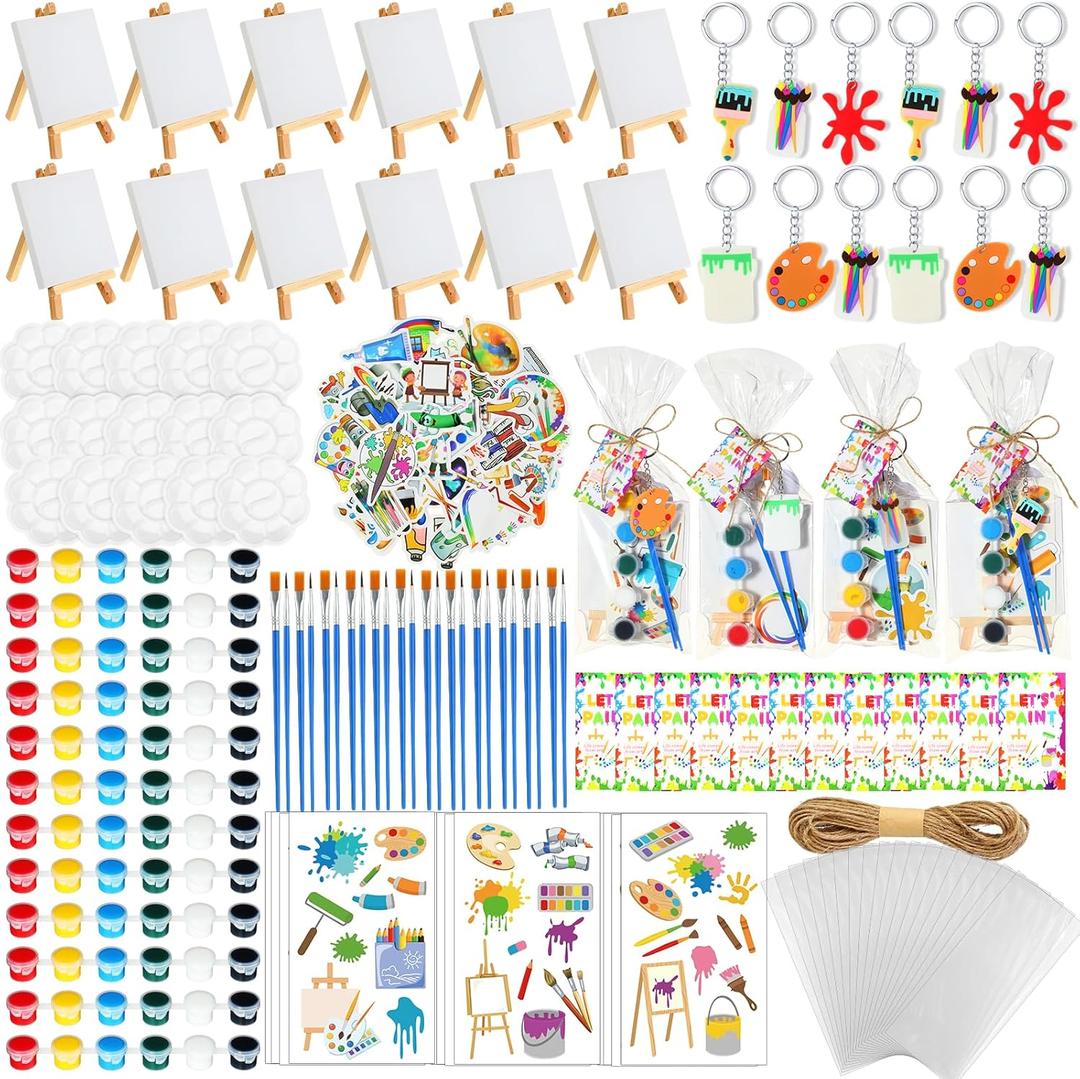 HyDren 158 Pcs Paint Party Favors Include Mini Watercolor Paint Set Small Canvas with Easel Palette Brush Stickers Tattoo Sticker Keychain for Class Birthday Art Party (Classic Style)