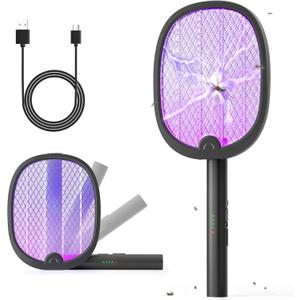 YISSVIC Electric Fly Swatter Foldable Bug Zapper Racket 2 in 1 Mosquito Killer with Purple Attractant Light Rechargeable 1800mAh for Indoor Home Backyard Patio Camping (Black)