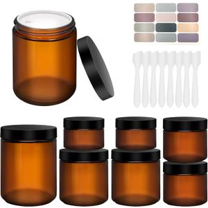 8oz, 4oz, 2oz and 1oz Amber Glass Jars with Lids, 8-Pcs Amber Jars with Inner Liners, Round Dark Jars for Making Candle, Cosmetice Container, Lotion Jar, with Sticker and 8p Spatulas