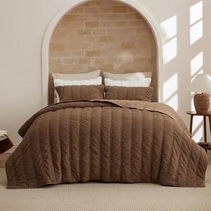 Bedsure Luxury Velvet Quilt Queen Size - Lightweight Velvet Brown Comforter Set, Oversized Bedspread Coverlet Bedding Set for All Season, Pet-Friendly, Tear-Resistant, Ultra-Soft, 90"x96"