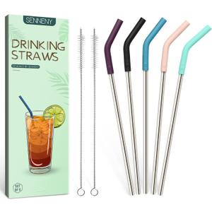 Senneny Set of 5 Stainless Steel Straws with Silicone Flex Tips Elbows Cover, 2 Cleaning Brushes and 1 Portable Bag Included (Silver)- 8mm diameter