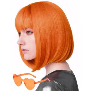 Wig and Sunglasses 12 Inch Short Bob Wigs with Bangs for Women Costume Cosplay Party (Orange)