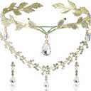 DS Rhinestone Wedding Tiara Crown for Brides, Goddess elf Princess Fairy Crystal Pendent Headband Leaf Cosplay Crown for women girls Hair Accessory for Brides Pageant Wedding Prom Birthday (Gold 1)