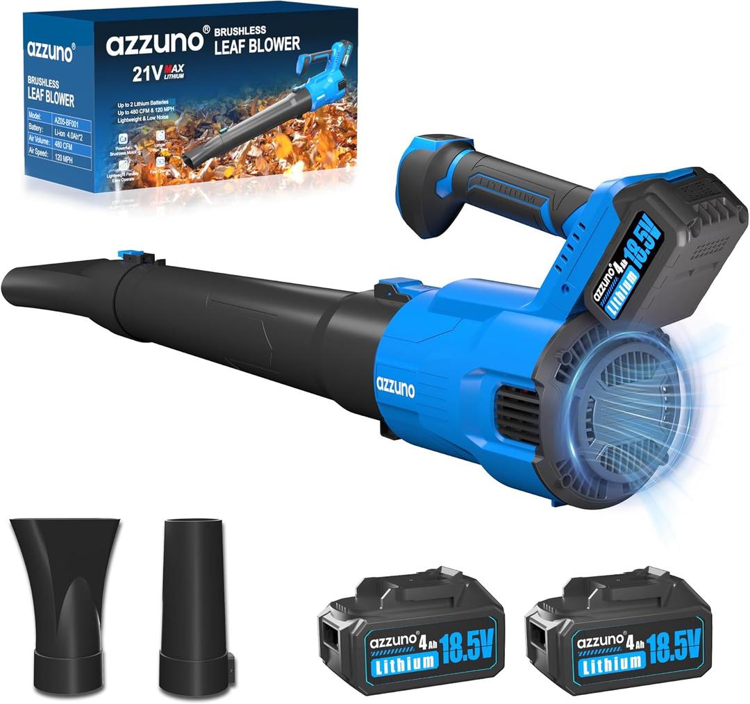AZZUNO Cordless Brushless Leaf Blower with 2 x 4.0Ah Battery and Charger,3 Speed Mode MAX 580CFM Brushless Motor, Electric Blower for Lawn Care, Patio, Leaves, Dust, and Snow Removal