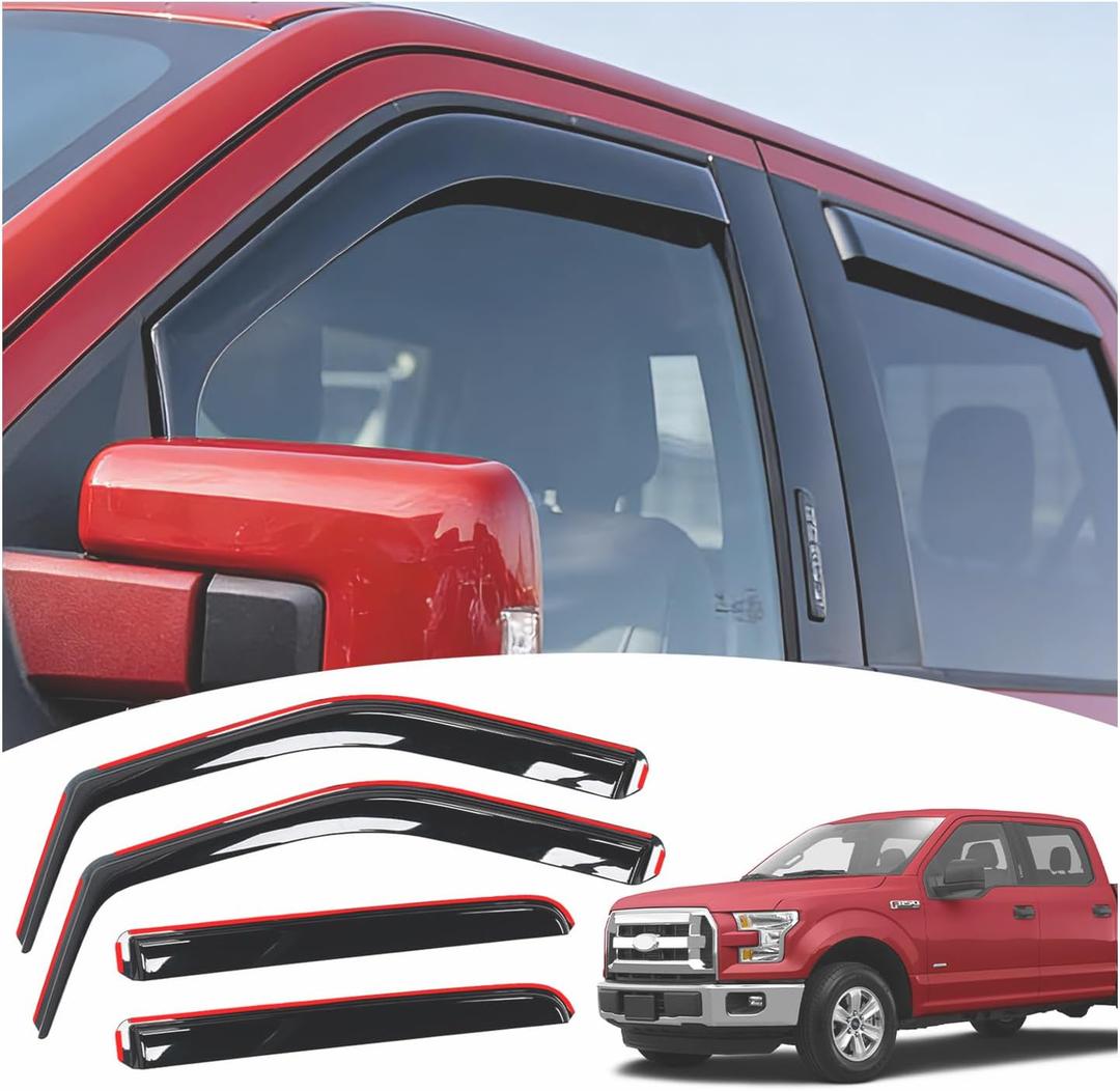 Visor Rain Guards Compatible with 2015+ F150 2017+ Raptor F-250 F-350 F-450 F-550 Super Duty SuperCrew Side in-Channel Window Visors Deflectors Extended Shield Sun Wind Rain Guard Accessories 4PCS