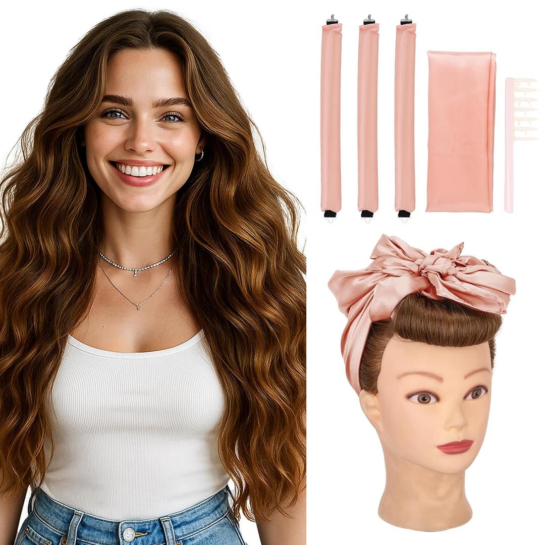 Hairro Heatless Hair Curler Set, 5-in-1 No Heat Overnight Curling Kit for Long Hair, 3 Pack Jumbo Flexi Rods with Satin Scarf & Detangling Comb, Styling Rollers for Easy Waves, Pink Hairro Heatless Hair Curler Set, 5-in-1 No Heat Overnight Curling Kit for Long Hair, 3 Pack Jumbo Flexi Rods with Satin Scarf & Detangling Comb, Styling Rollers for Easy Waves, Pink