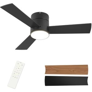 GESUM Flush Mount Ceiling Fan with Lights, 42 In Low Profile Ceiling Fans with Remote Control, Dimmable, Quiet DC Motor, Reversible, Black Ceiling Fans for Bedroom Kitchen Porch Patios(Black)
