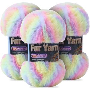 Faux Fur Yarn Soft Fluffy for Crocheting - 3 Skeins(Each 3.5oz/100g, 71yd/65m) - Chunky & Fluffy Yarn for Crochet Amigurumi, Blankets, Hand Knitting, Scarves &Crafts (3, Colorful Yellow+Pink+Purple)