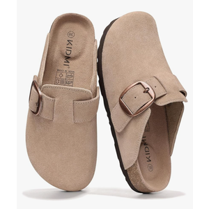 KIDMI Genuine Suede Clogs for Women Memory Foam Cork Footbed Potato Shoes Slip On Leather Mules with Big Buckle, Size 40