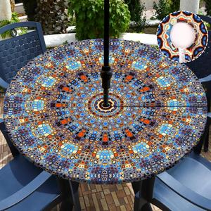 Buwuta Outdoor Tablecloth with Umbrella Hole Waterproof Round Fitted Tablecloth with Elastic Zippered Wipeable Table Cloth Cover for Picnic,Patio,Garden (Blue, 48" (Round))