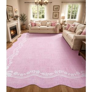 8x10 Area Rug Pink Bow Living Room Rug,Girls Bedroom Rug | Cute Princess Scalloped Rug Washable,Non Slip Soft Low Pile Floral Border Carpet for Extra Large Bedroom，Dining Room