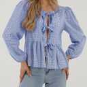 PRETTYGARDEN Women's Spring Fall Babydoll Peplum Blouse Shirt Puff Long Sleeve Bow Tie Front Trendy Cute Y2K Going Out Tops (Blue)