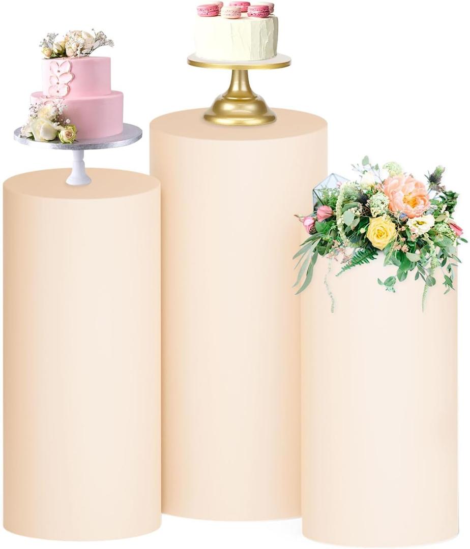 FUHSY Set of 3 Spandex Cylinder Pedestal Stand Covers Beige Stretch Plinth Covers for Party Table Dessert Display Elastic Slipcovers for Metal Cylinder Stands for Birthday Wedding Props Event Decor