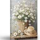 ARTZGX Farmhouse Daisy Wall Art Rustic Floral Canvas Prints Vintage Country Flower Pictures for Kitchen Bathroom Wall Decor Frame(White 16L x 24W)
