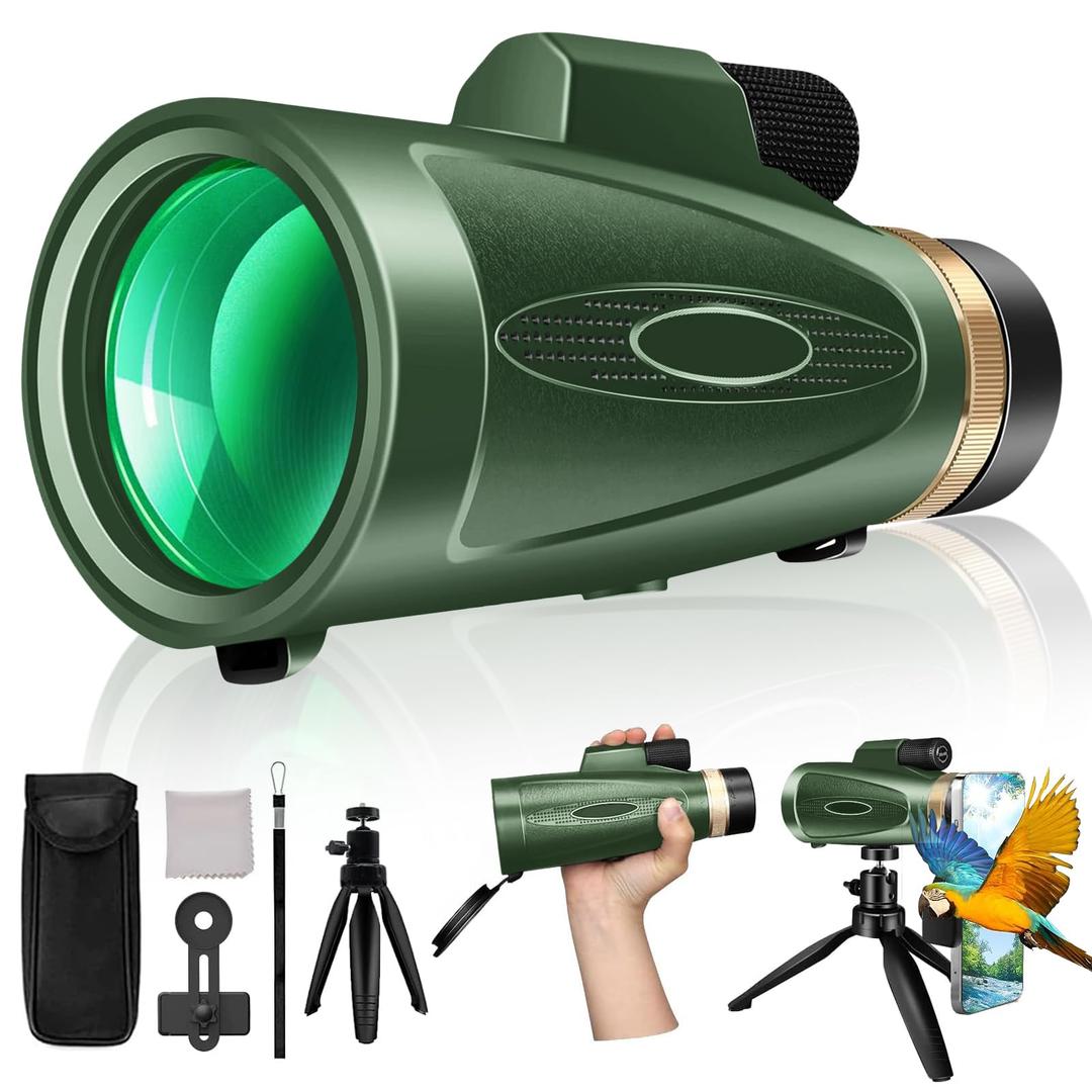 Monocular Telescope 80x100 High Power with Smartphone Adapter Tripod, Wide Field Monoculars for Adults with BAK4 Prism & FMC Lens, for Bird Watching Hunting Hiking Camping Wildlife-Green