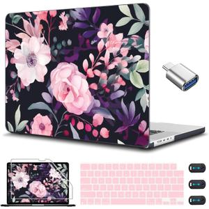 CISSOOK Compatible with MacBook Air 15 inch Case 2025 2024 2023 Release Model A3241 A3114 A2941, Flower Plastic Hard Shell Case Black Cover for MacBook Air M2 M3 M4 15 inch - Pink Flowers