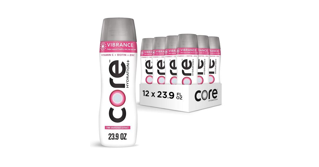 CORE Hydration+ Vibrance, Pink Grapefruit Extract Nutrient Enhanced Water with Vitamin C, Biotin and Zinc, 23.9 Fl Oz Bottle (Pack of 12), BBD JAN 2026
