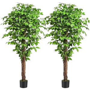 6.2ft Ficus Artificial Trees with 3 Natural Curved Trunks, 74" Tall Lush Faux Tree for Home Decor Indoor, Green Lifelike Fake Ficus Tree Plants (Set of 2)