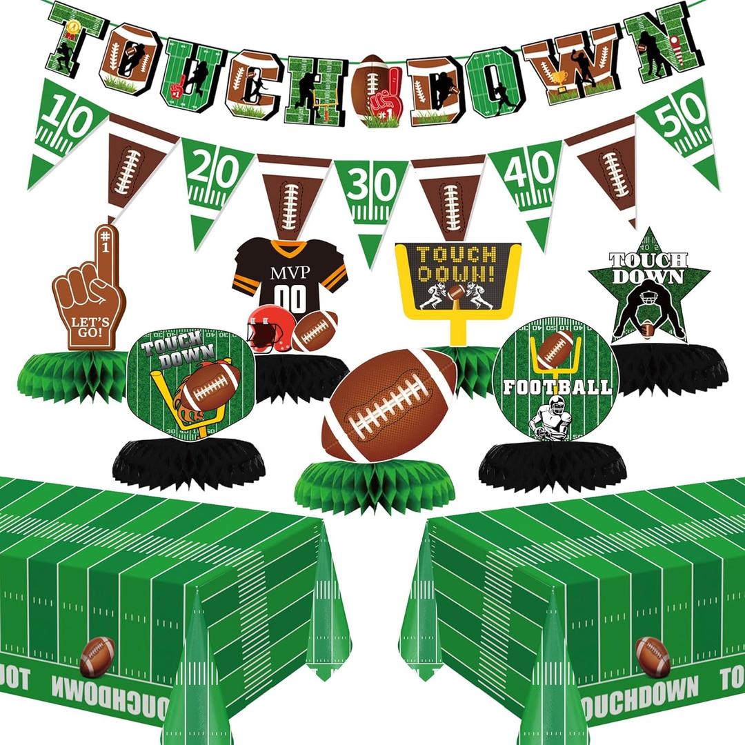 Football Party Decorations,Honeycomb Centerpieces,Triangular flags and rugby-themed and Football Tablecloth, Football Birthday Party Tailgate Party Decorations