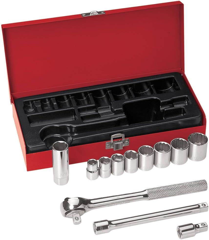 Klein Tools 65504 3/8-Inch Drive Socket Wrench Set, with 12-Point and 6-Point, and Spark Plug Sockets, 2 Extensions, Ratchet, Case, 12-Piece