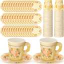Nuogo 200 Pcs Floral Paper Tea Cups and Saucers 7 oz Disposable Tea Party Decorations Vintage Cute Paper Tea Cups and Plates with Handles for Girls Wedding Baby Bridal Shower Birthday, Serve 100 (Yellow)