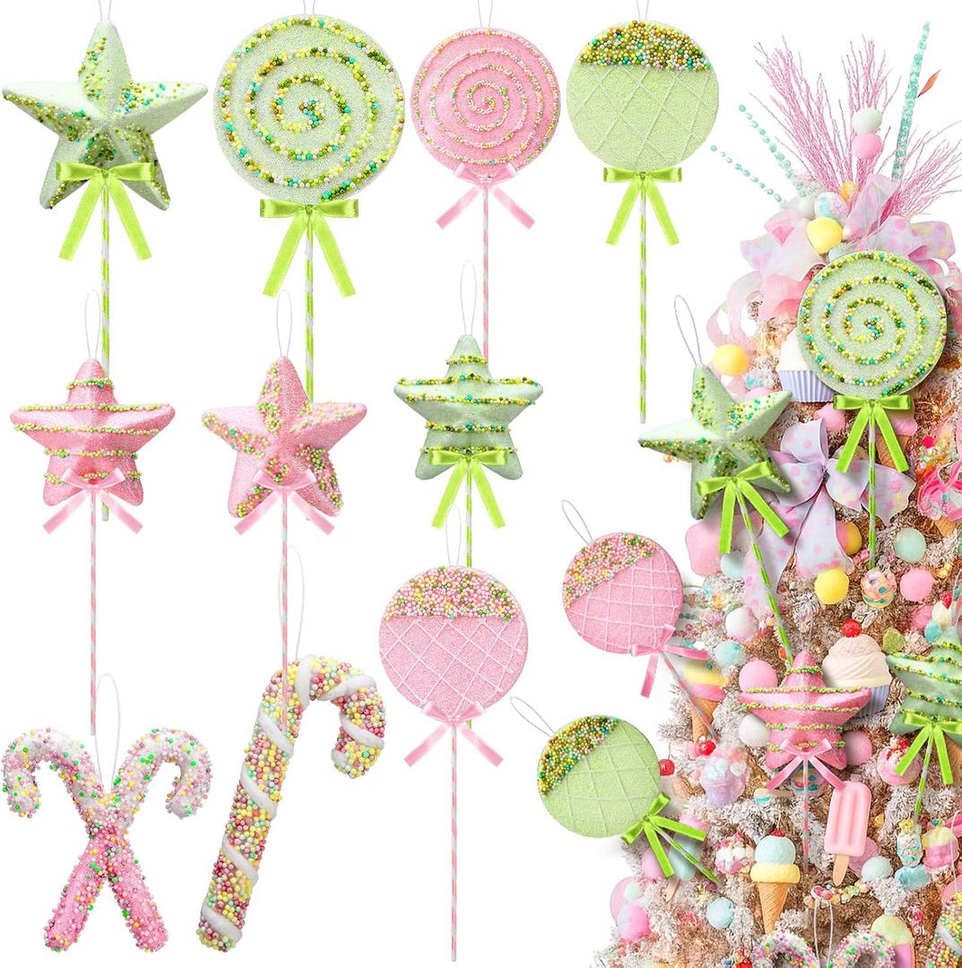 10 Pcs Pastel Large Sweet Candy Christmas Ornament 16'' Snowflake Giant Lollipop Candy Cane Ornaments with Stick Macaron Peppermint Xmas Decor for Christmas Tree Holiday Party(Classic)
