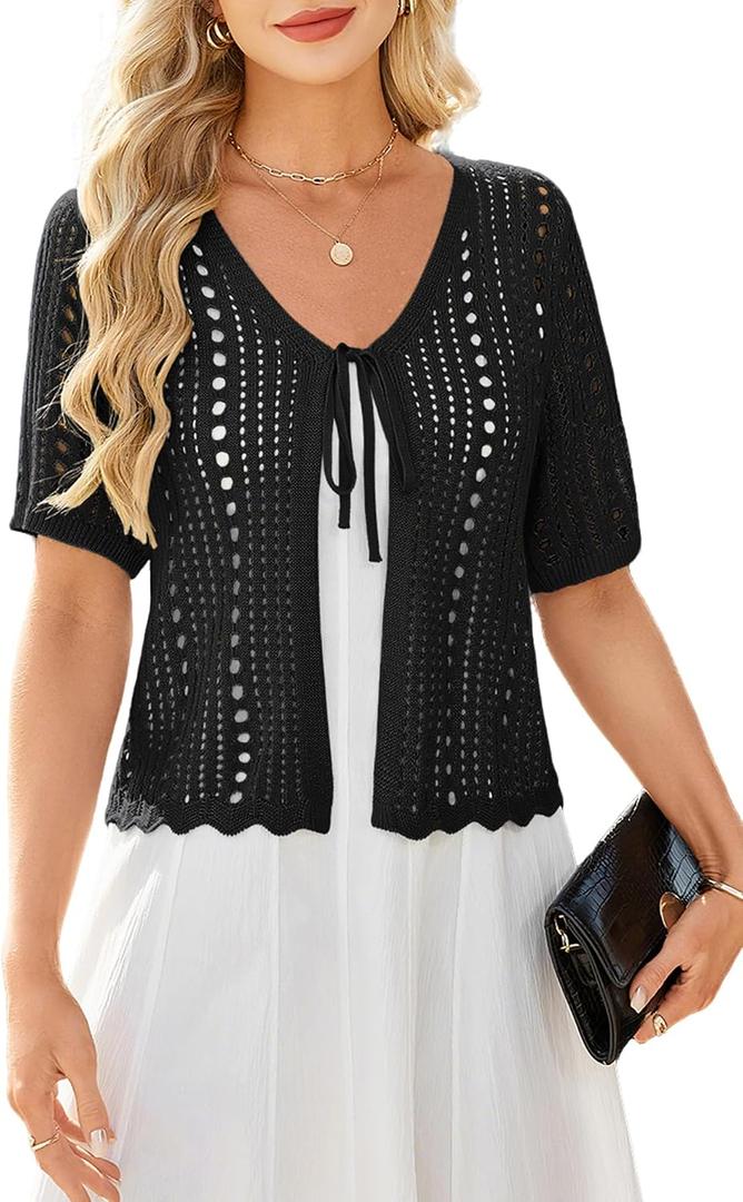 Yekaty Crochet Cardigans for Women Cropped Short Sleeve Tie Front Cardigan Lightweight Bolero Shrug Sweaters (Black, XXL)
