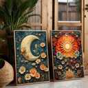 2Pcs Celestial Canvas Wall Art Vintage Tarot Mystical Moody Sun and Moon Floral Painting Picture Wall Decor Posters Print Artwork for Living Room Bedroom Home Decoration Unframed (24L" x 16W")