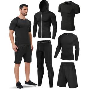 5Pcs Men Compression Workout Set Compression Pants Shirt and Jacket (Black, XL)