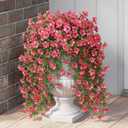GLIDLION 4 PCS Artificial Morning Glory & Eucalyptus for Outside, Realistic Sun Resistant Fake Silk Hang Flower Faux Eucalyptus Leave for Patio Farmhouse Garden Porches Balcony Decor (Rose Red)