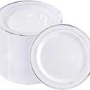 bUCLA 100Pieces Silver Plastic Plates -6.25inch Disposable Salad/Dessert Plates- White with Silver Rim Premium Hard Plastic Appetizer Plates/Small Cake Plates for Weddings,Parties&Christmas