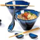 Henten Home 20 OZ Ramen Bowls Set, Ceramic Japanese Noodle Bowls Set of 2, Porcelain Deep Salad Bowl with Chopsticks for Udon, Reactive Glaze, Microwave Safe (Blue A2)