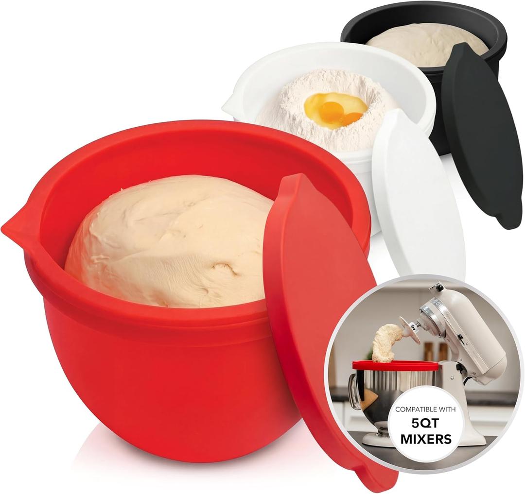 The Original MIXAID Silicone Bowl Insert Liners for KitchenAid Tilt-Head 5 Qt Stand Mixers - Replacement Mixer Accessories - Leak-Proof Design, Non-slip Base & Easy Clean - Set of 3 Liners & Lids