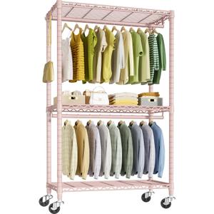 FUTASSI P3 Rolling Clothes Rack, Clothing Racks for Hanging Clothes, Heavy Duty Garment Rack with Wheels, Freestanding Portable Closet Organizer 39.4''W x 14''D x 78.5''H, Max Load 464 LBS, Pink