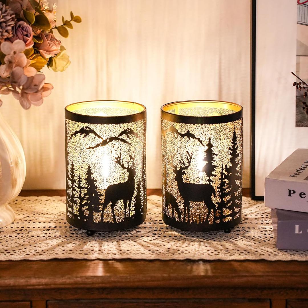 TRIROCKS Etched Deer lamp Battery Operated 6.5" H Bronze Metal Table Lamp with 6H Timer Decorations for Living Room Tabletop Parties Patio Entryway Indoors Outdoors(2PCS)