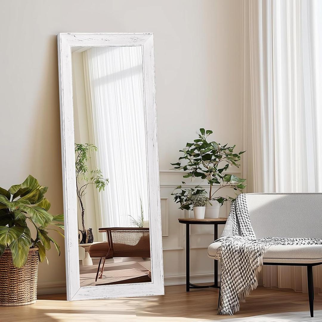 Full Length Mirror 58"x22" - Beveled Edge Rustic White Dressing Mirror, Solid Wood Frame, Wall Mounted or Leaning for Bedroom, Entryway, Living Room