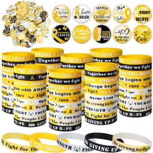 Remuuly 200 Pcs Childhood Cancer Awareness Gold Ribbon Accessories Bulk Include 100 Silicone Bracelet 100 Inspirational Pin for Charity Public Party Activities