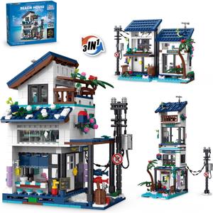 3 in 1 Vacation Beach House Building Set, Compatible with Friends Seaside Villa, Construction Educational Toy with Light, Birthday Gift for Kids Girls Aged 8-12 (813 PCS)