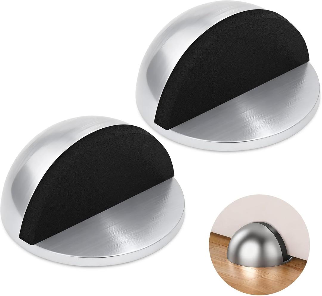 Self Adhesive Door Stoppers, Stainless Steel No Drill Rubber Floor Door Stop, Half Dome Adhesive Wall Protector for Bedroom Living Room Bathroom Office (2, Bright)